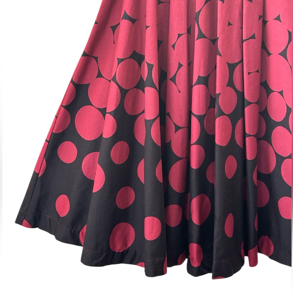 Lauren Conrad Burgundy Black Dots Bow Back Pleated Fit n Flare Dress Size 10 - Picture 3 of 16